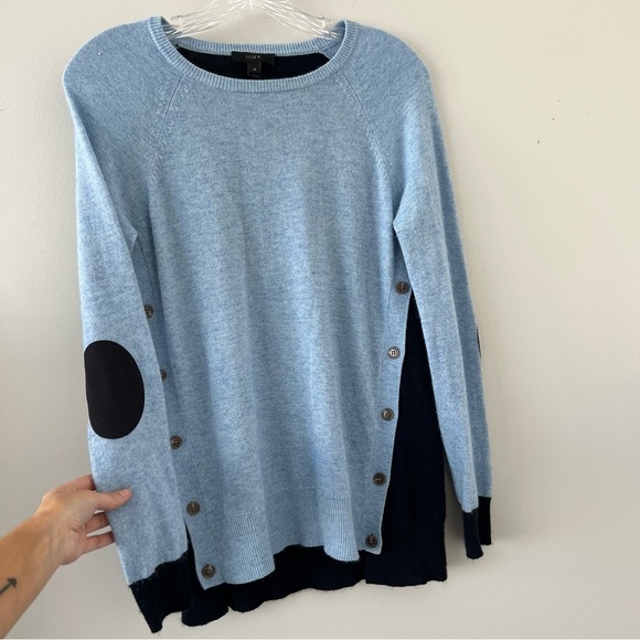 J. Crew Blue Wool Angora Elbow Patch Sweater Colorblock Button Detail Equestrian - Picture 3 of 6
